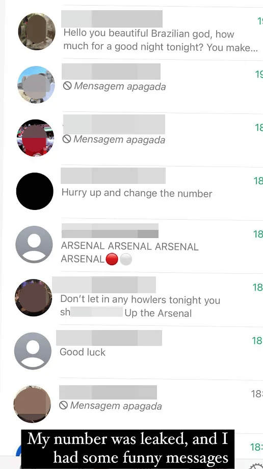 埃德森手机号码遭泄露，有球迷赛前连发四个阿森纳短信给他